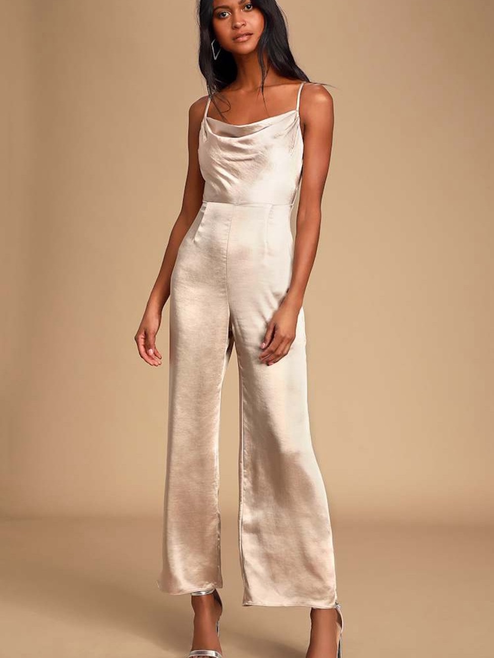 Lush Champagne Satin Cowl-Neck Wide-Leg Jumpsuit